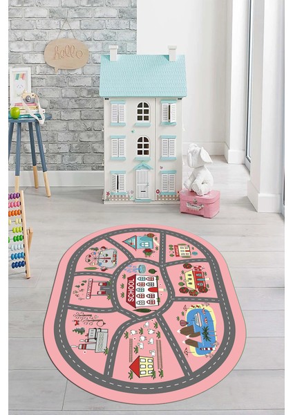 Dijital Baskılı Kaymaz Yıkanabilir Trafik Araba Yollu Oval Çocuk Odası Halısı, O-Çocuk-02-Pembe, modelleri