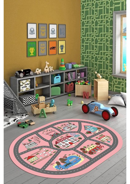 Dijital Baskılı Kaymaz Yıkanabilir Trafik Araba Yollu Oval Çocuk Odası Halısı, O-Çocuk-02-Pembe, indirimleri