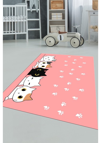 Sevimli Kediler Baskılı Yıkanabilir Kaymaz Çocuk Odası Halısı, Çocuk-49-Pembe,