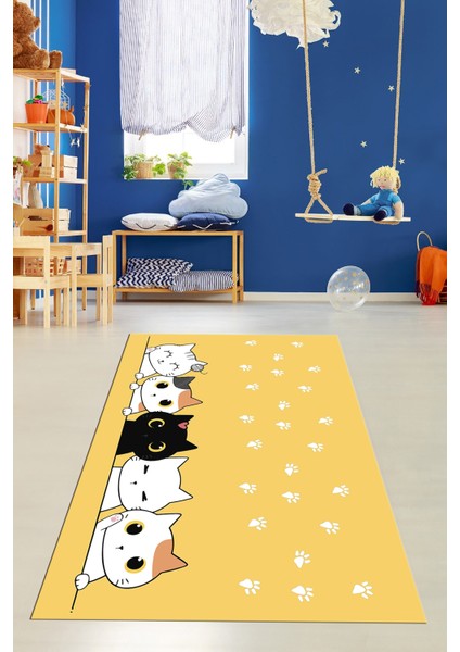 Sevimli Kediler Baskılı Yıkanabilir Kaymaz Çocuk Odası Halısı, Çocuk-49-Sarı, fırsatları