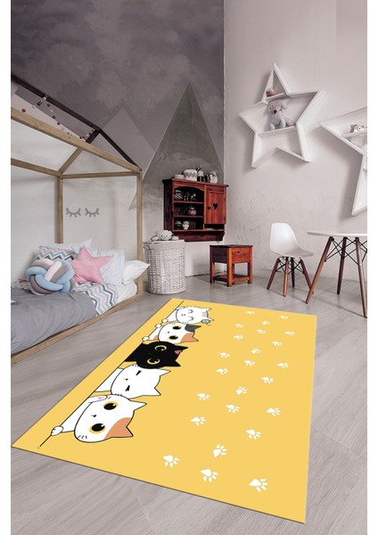 Sevimli Kediler Baskılı Yıkanabilir Kaymaz Çocuk Odası Halısı, Çocuk-49-Sarı, indirimleri