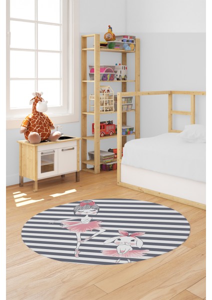Dijital Kaymaz Yıkanabilir Balerin Kız Desenli Yuvarlak Çocuk Odası Halısı, Y-Çocuk-09-Gri,