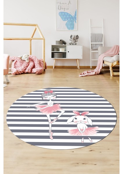 Dijital Kaymaz Yıkanabilir Balerin Kız Desenli Yuvarlak Çocuk Odası Halısı, Y-Çocuk-09-Gri, modelleri