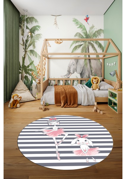 Dijital Kaymaz Yıkanabilir Balerin Kız Desenli Yuvarlak Çocuk Odası Halısı, Y-Çocuk-09-Gri, fırsatları