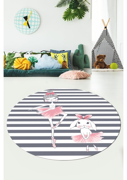 Dijital Kaymaz Yıkanabilir Balerin Kız Desenli Yuvarlak Çocuk Odası Halısı, Y-Çocuk-09-Gri, indirimleri