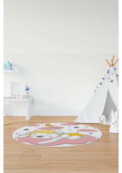 Dijital Kaymaz Yıkanabilir Sevimli Ayıcık Desen Yuvarlak Çocuk Odası Halısı, Y-Çocuk-34-Pembe, indirimleri
