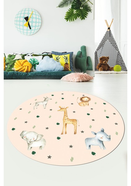 Dijital Baskılı Kaymaz Yıkanabilir Zürafa Fil Aslan Yuvarlak Çocuk Odası Halısı, Y-Çocuk-35-Krem, fiyatları