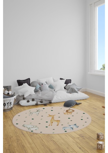 Dijital Baskılı Kaymaz Yıkanabilir Zürafa Fil Aslan Yuvarlak Çocuk Odası Halısı, Y-Çocuk-35-Krem, fırsatları