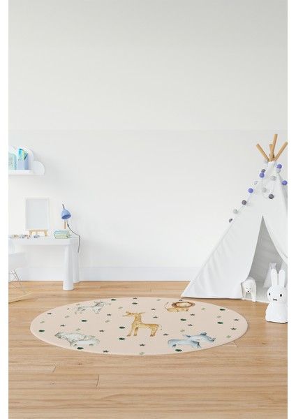 Dijital Baskılı Kaymaz Yıkanabilir Zürafa Fil Aslan Yuvarlak Çocuk Odası Halısı, Y-Çocuk-35-Krem, indirimleri