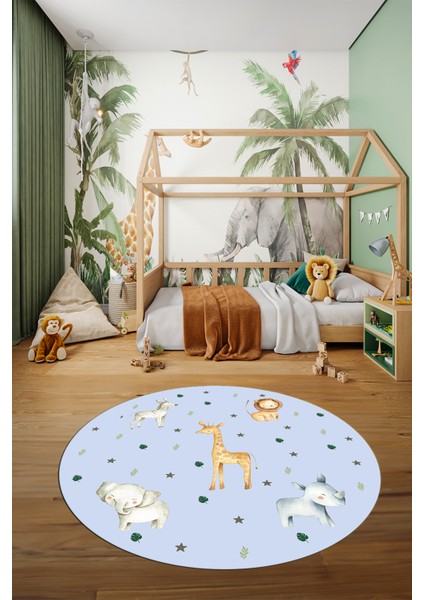 Dijital Baskılı Kaymaz Yıkanabilir Zürafa Fil Aslan Yuvarlak Çocuk Odası Halısı, Y-Çocuk-35-Mavi,