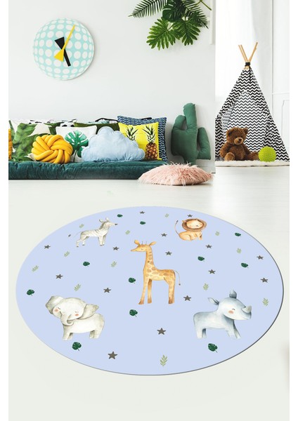 Dijital Baskılı Kaymaz Yıkanabilir Zürafa Fil Aslan Yuvarlak Çocuk Odası Halısı, Y-Çocuk-35-Mavi, fiyatları