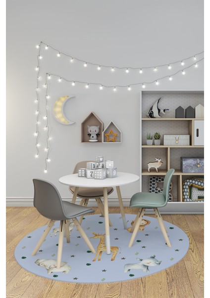 Dijital Baskılı Kaymaz Yıkanabilir Zürafa Fil Aslan Yuvarlak Çocuk Odası Halısı, Y-Çocuk-35-Mavi, modelleri