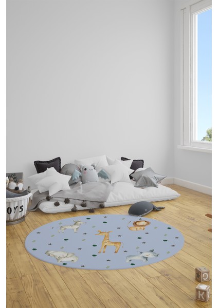 Dijital Baskılı Kaymaz Yıkanabilir Zürafa Fil Aslan Yuvarlak Çocuk Odası Halısı, Y-Çocuk-35-Mavi, fırsatları