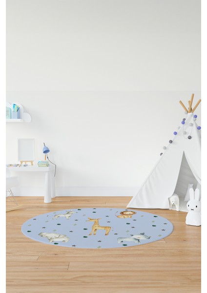 Dijital Baskılı Kaymaz Yıkanabilir Zürafa Fil Aslan Yuvarlak Çocuk Odası Halısı, Y-Çocuk-35-Mavi, indirimleri