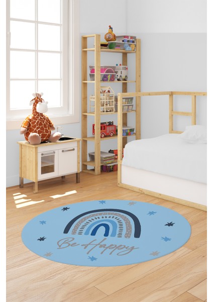 Kaymaz Taban Yıkanabilir Be Happy Yazılı Gökküşağı Desen Yuvarlak Çocuk Halısı, Y-Çocuk-14-Mavi,