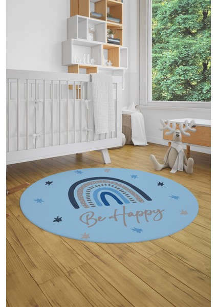 Kaymaz Taban Yıkanabilir Be Happy Yazılı Gökküşağı Desen Yuvarlak Çocuk Halısı, Y-Çocuk-14-Mavi, fiyatları