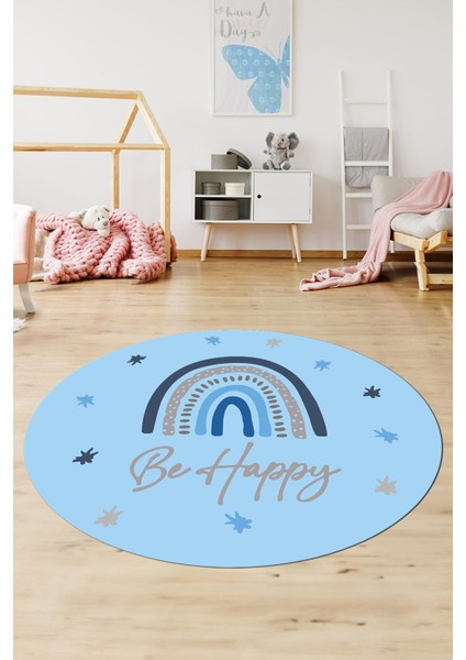 Kaymaz Taban Yıkanabilir Be Happy Yazılı Gökküşağı Desen Yuvarlak Çocuk Halısı, Y-Çocuk-14-Mavi, modelleri