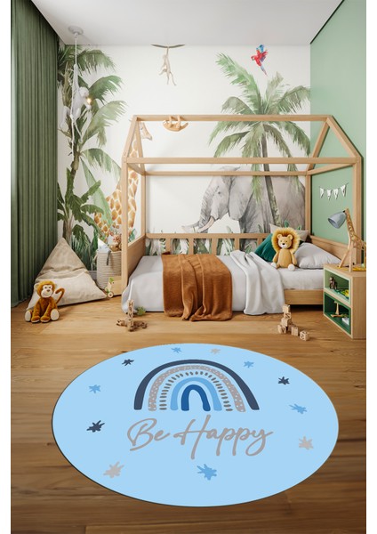 Kaymaz Taban Yıkanabilir Be Happy Yazılı Gökküşağı Desen Yuvarlak Çocuk Halısı, Y-Çocuk-14-Mavi, fırsatları