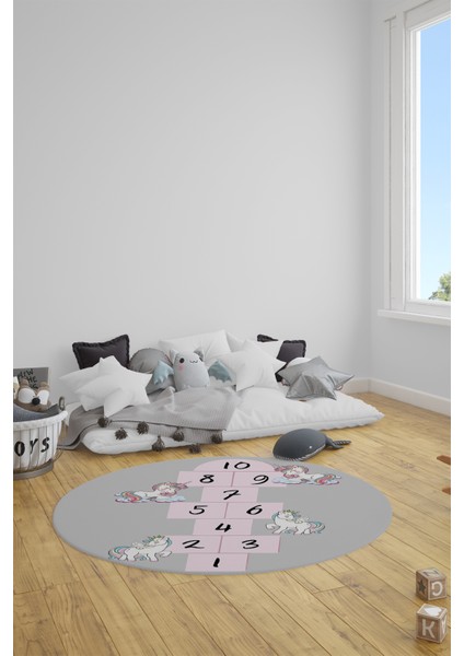 Unicornlu Seksek Desen Yıkanabilir Eğlenceli Yuvarlak Çocuk Odası Oyun Halısı, Y-Çocuk-37-Gri, fırsatları