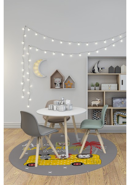 Dijital Kaymaz Yıkanabilir Otobüs Safari Desenli Yuvarlak Çocuk Odası Halısı, Y-Çocuk-01-Sarı,