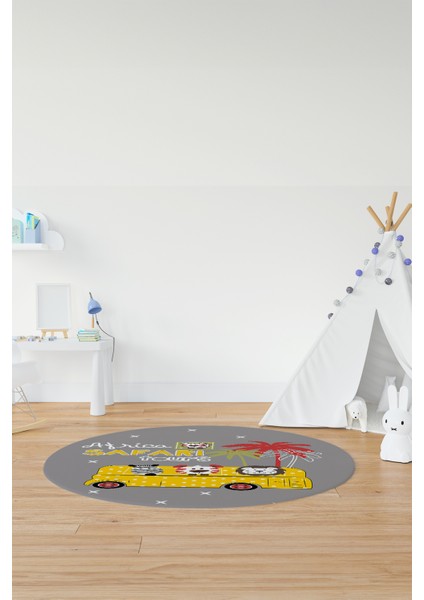 Dijital Kaymaz Yıkanabilir Otobüs Safari Desenli Yuvarlak Çocuk Odası Halısı, Y-Çocuk-01-Sarı, modelleri