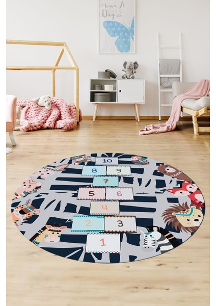Dijital Kaymaz Yıkanabilir Sek Sek Desen Eğlenceli Yuvarlak Çocuk Odası Halısı, Y-Çocuk-28-Lacivert,