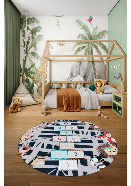 Dijital Kaymaz Yıkanabilir Sek Sek Desen Eğlenceli Yuvarlak Çocuk Odası Halısı, Y-Çocuk-28-Lacivert, fiyatları