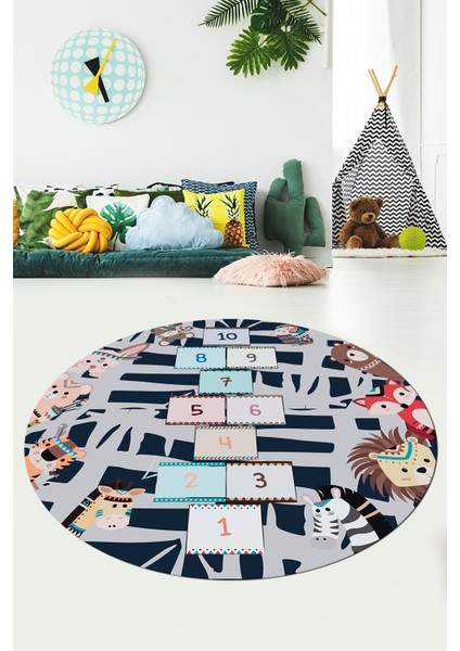 Dijital Kaymaz Yıkanabilir Sek Sek Desen Eğlenceli Yuvarlak Çocuk Odası Halısı, Y-Çocuk-28-Lacivert, modelleri