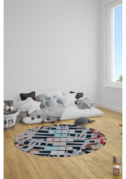 Dijital Kaymaz Yıkanabilir Sek Sek Desen Eğlenceli Yuvarlak Çocuk Odası Halısı, Y-Çocuk-28-Lacivert, indirimleri