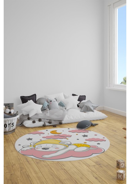 Dijital Kaymaz Yıkanabilir Sevimli Ayıcık Desen Yuvarlak Çocuk Odası Halısı, Y-Çocuk-34-Pembe, fırsatları