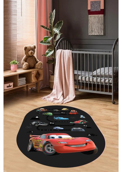 Dijital Kaymaz Yıkanabilir Renkli Arabalar Eğitici Oval Çocuk Odası Halısı, O-Çocuk-03-Antrasit,