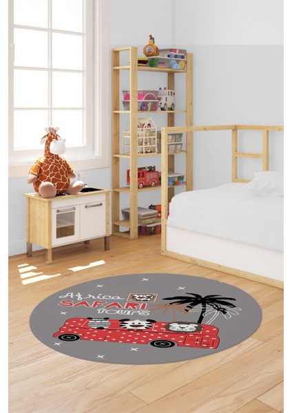 Dijital Kaymaz Yıkanabilir Otobüs Safari Desenli Yuvarlak Çocuk Odası Halısı, Y-Çocuk-01-Kırmızı, fırsatları