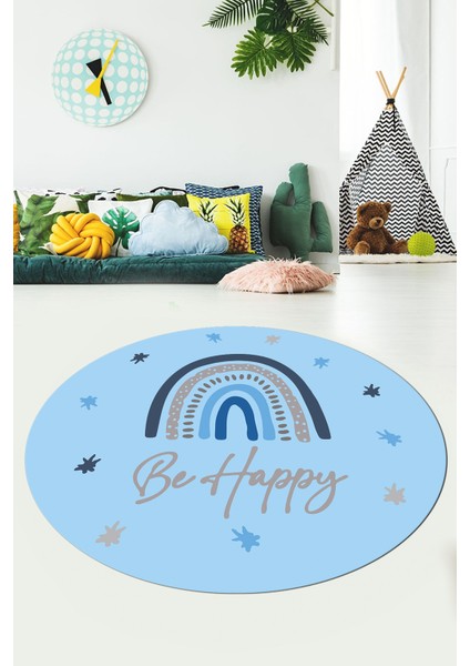Kaymaz Taban Yıkanabilir Be Happy Yazılı Gökküşağı Desen Yuvarlak Çocuk Halısı, Y-Çocuk-14-Mavi, indirimleri