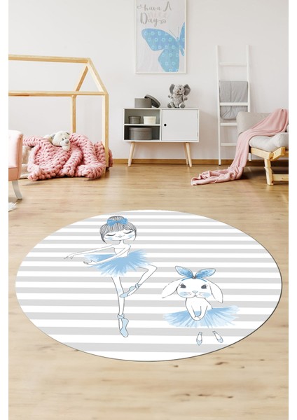 Dijital Kaymaz Yıkanabilir Balerin Kız Desenli Yuvarlak Çocuk Odası Halısı, Y-Çocuk-09-Mavi, modelleri