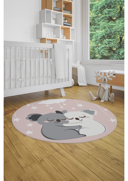 Dijital Baskılı Kaymaz Yıkanabilir Kuala Desenli Yuvarlak Çocuk Odası Halısı, Y-Çocuk-22-Pembe,