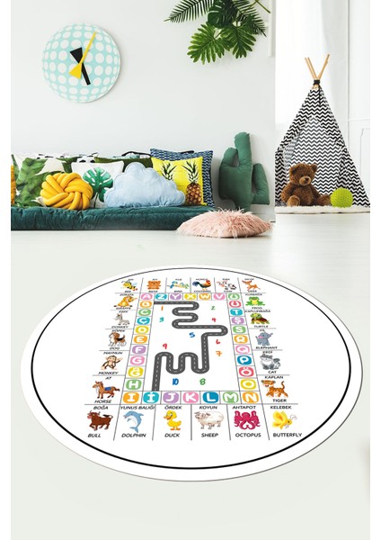 Ingilizce Harf Ve Hayvan Temalı Eğitici Yuvarlak Çocuk Odası Oyun Halısı, Y-Çocuk-44-Beyaz,