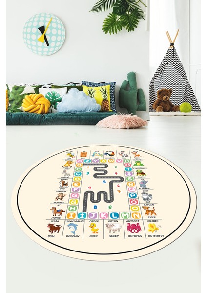 Ingilizce Harf Ve Hayvan Temalı Eğitici Yuvarlak Çocuk Odası Oyun Halısı, Y-Çocuk-44-Krem,