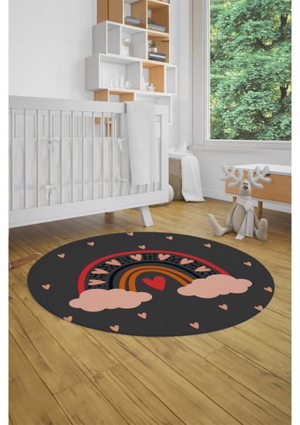 Kaymaz Taban Yıkanabilir Kalpli Gökküşağı Desenli Yuvarlak Çocuk Odası Halısı, Y-Çocuk-15-Antrasit, fiyatları