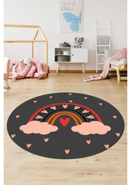 Kaymaz Taban Yıkanabilir Kalpli Gökküşağı Desenli Yuvarlak Çocuk Odası Halısı, Y-Çocuk-15-Antrasit, modelleri