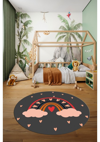 Kaymaz Taban Yıkanabilir Kalpli Gökküşağı Desenli Yuvarlak Çocuk Odası Halısı, Y-Çocuk-15-Antrasit, fırsatları