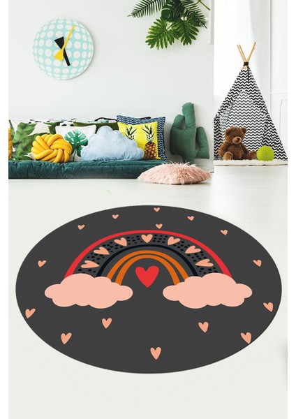 Kaymaz Taban Yıkanabilir Kalpli Gökküşağı Desenli Yuvarlak Çocuk Odası Halısı, Y-Çocuk-15-Antrasit, indirimleri