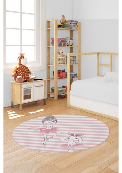 Dijital Kaymaz Yıkanabilir Balerin Kız Desenli Yuvarlak Çocuk Odası Halısı, Y-Çocuk-09-Pembe,