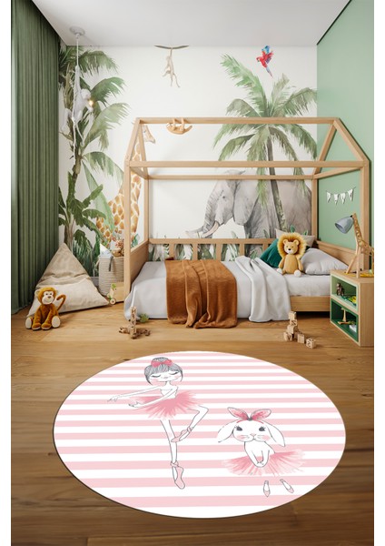 Dijital Kaymaz Yıkanabilir Balerin Kız Desenli Yuvarlak Çocuk Odası Halısı, Y-Çocuk-09-Pembe, fırsatları