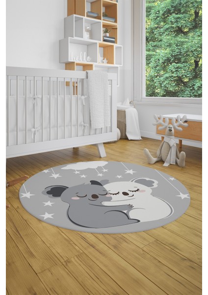 Dijital Baskılı Kaymaz Yıkanabilir Kuala Desenli Yuvarlak Çocuk Odası Halısı, Y-Çocuk-22-Gri,