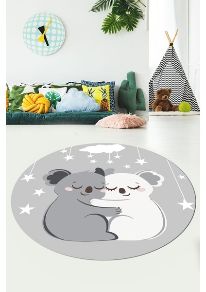Dijital Baskılı Kaymaz Yıkanabilir Kuala Desenli Yuvarlak Çocuk Odası Halısı, Y-Çocuk-22-Gri, fırsatları
