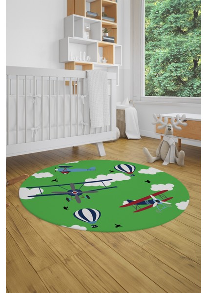 Dijital Kaymaz Yıkanabilir Bulut Uçak Desenli Yuvarlak Çocuk Odası Halısı, Y-Çocuk-23-Yeşil,