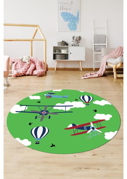 Dijital Kaymaz Yıkanabilir Bulut Uçak Desenli Yuvarlak Çocuk Odası Halısı, Y-Çocuk-23-Yeşil,