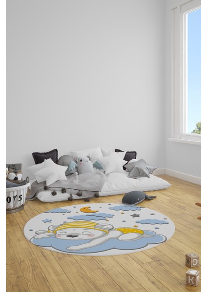 Dijital Kaymaz Yıkanabilir Sevimli Ayıcık Desen Yuvarlak Çocuk Odası Halısı, Y-Çocuk-34-Mavi,