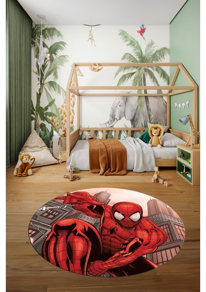 Dijital Kaymaz Yıkanabilir Çizgifilm Temalı Erkek Yuvarlak Çocuk Odası Halısı, Y-Çocuk-40-Kırmızı,