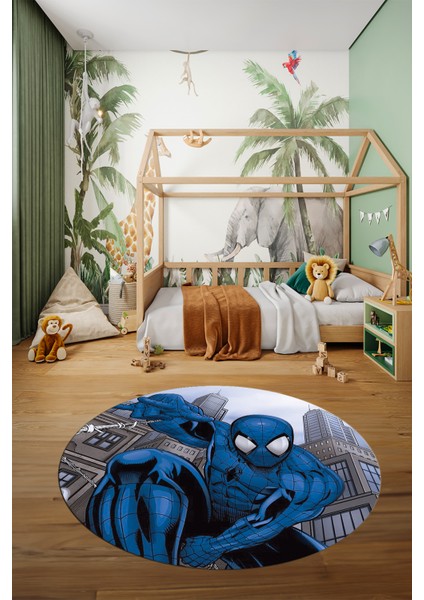 Dijital Kaymaz Yıkanabilir Çizgifilm Temalı Erkek Yuvarlak Çocuk Odası Halısı, Y-Çocuk-40-Mavi,